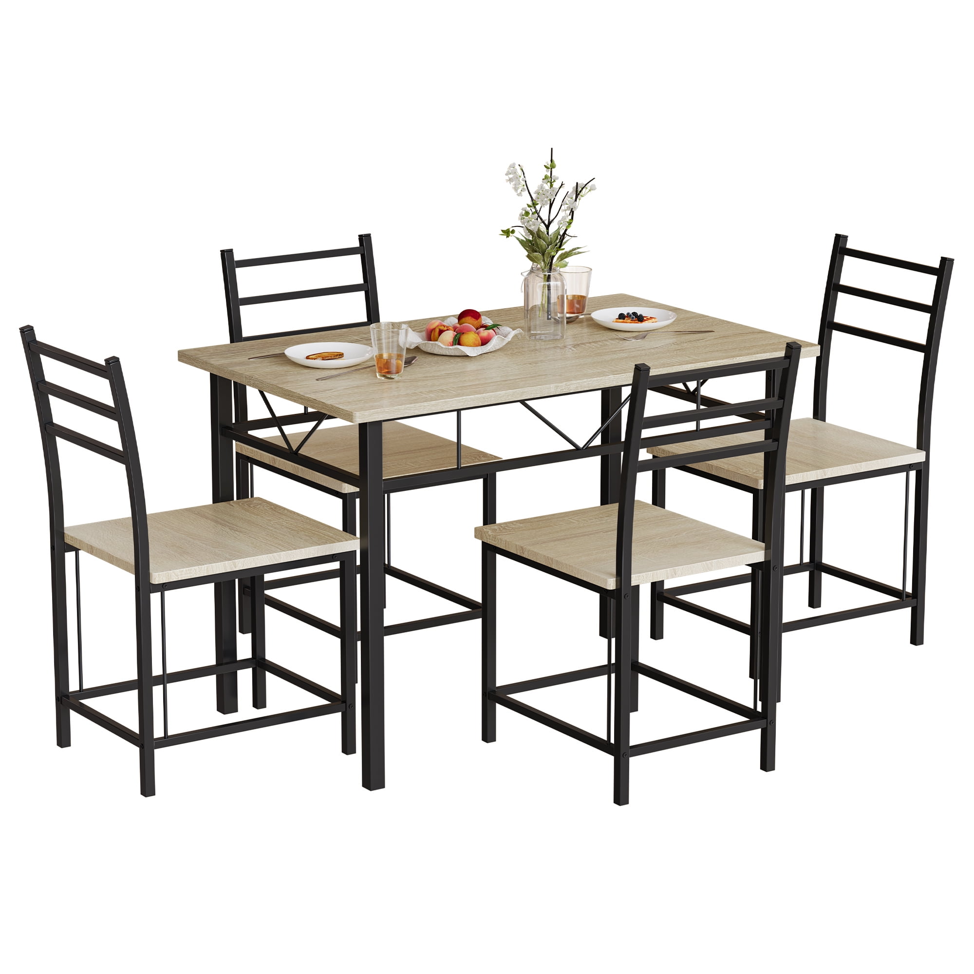 Dextrus 5 Piece Dining Set, Wood Metal 42" Dining Table and 4 Chairs Home Kitchen Breakfast Furniture - Black & Walnut