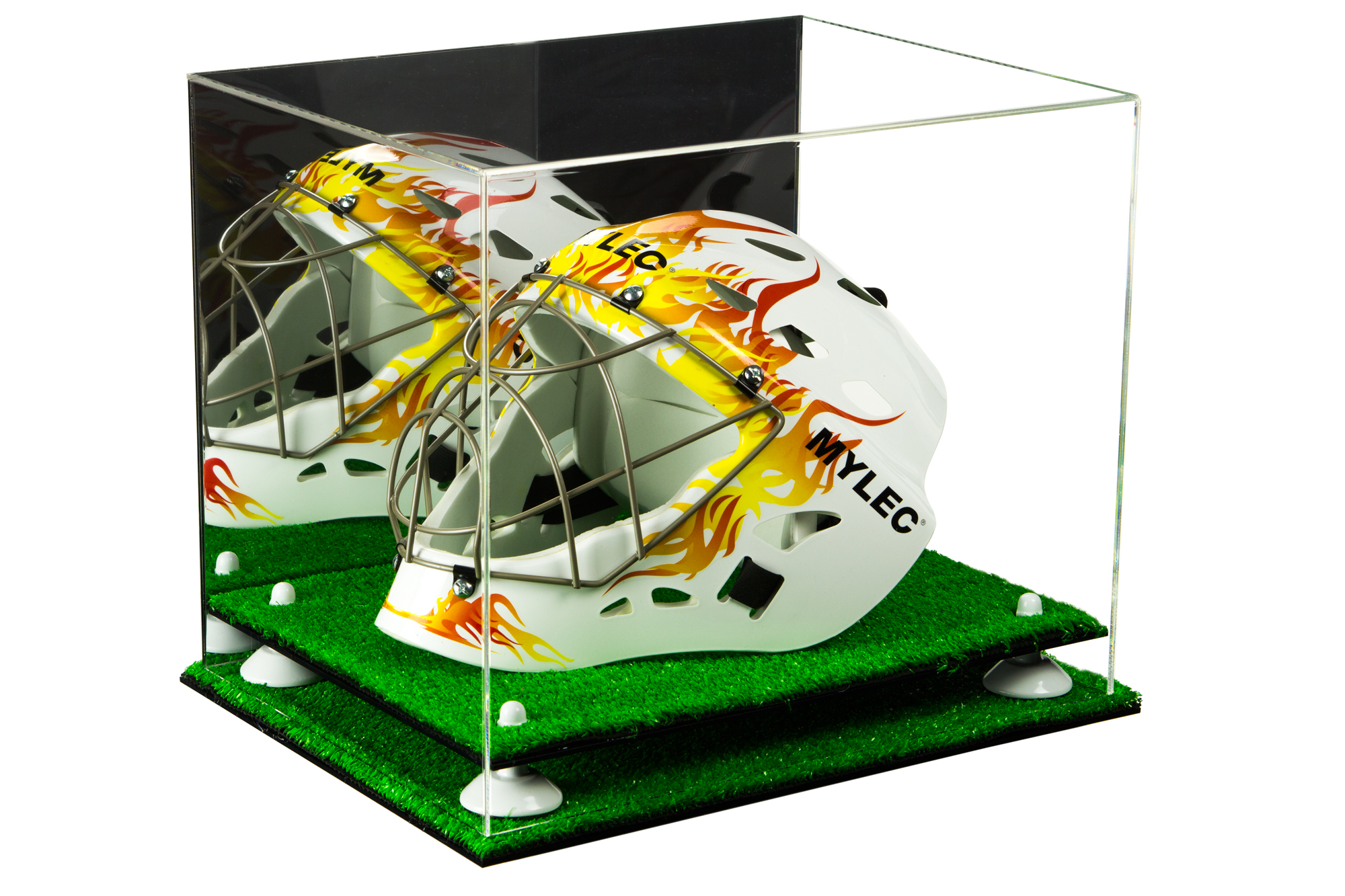 Deluxe Acrylic Lacrosse Helmet Display Case with Mirror, White Risers and Turf Base (A002WR