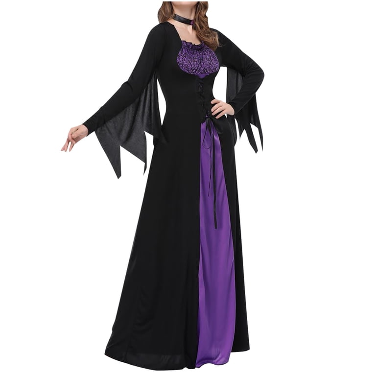 NARHBRG Women Halloween Witch Dress Vampire Cosplay Party Black Gothic Dress with Corset Floor Length Vintage Medieval Dress, Women's, Size: XL