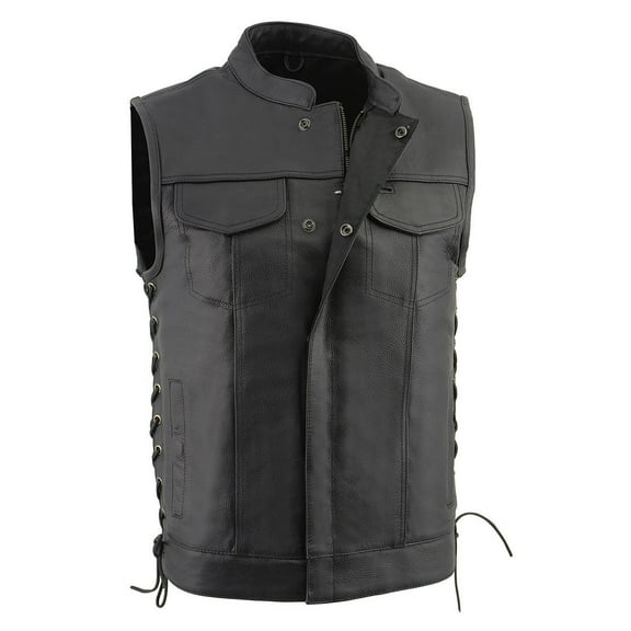 Milwaukee Leather LKM3712 Men's Black Leather Club Style Motorcycle Rider Vest w/ Front Snap/Zipper and Side Lace X-Large