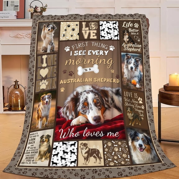 Australian Shepherd Fleece Throw Blanket Personalized Dog Photo Brown Soft Flannel Bed Blanket For Couch Sofa