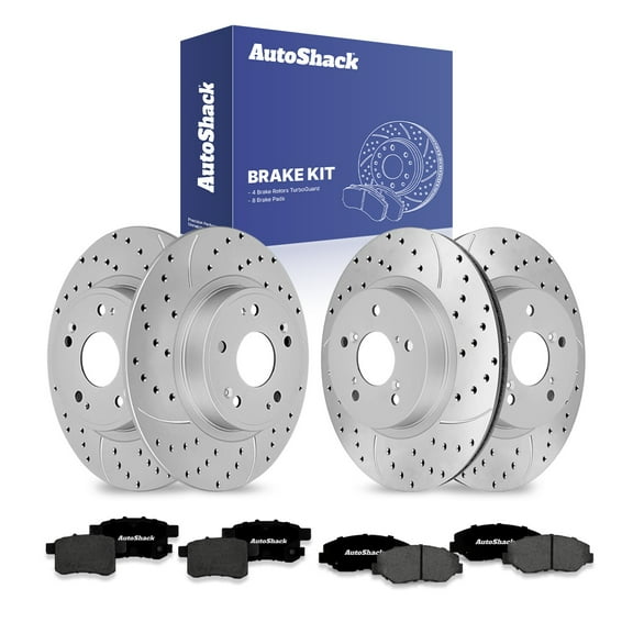 AutoShack Front Vented & Rear Solid Drilled & Slotted Coated Brake Rotors Silver Matte Finish   Premium Ceramic Pads 12-PC Brake Kit Replacement for 2008-2017 Honda Accord TurboGuard