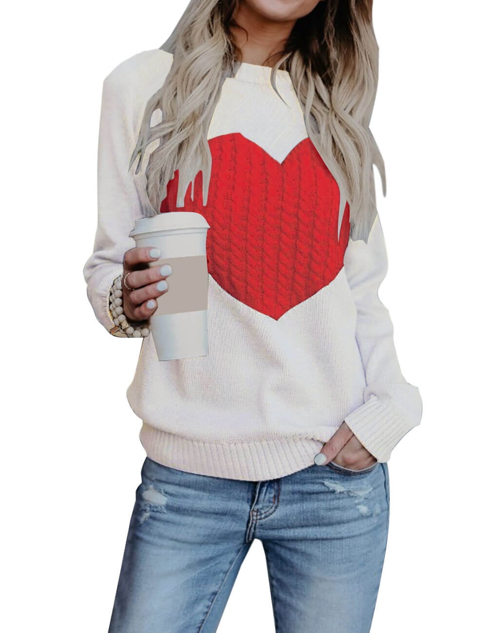 Women Sweaters Crew Neck Heart Front Long Sleeve Knitted Sweaters