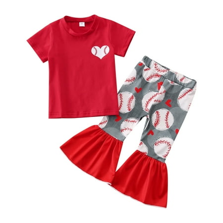 

Toddler Girls Cute Outfits Short Sleeve Letter T Shirt Pullover Tops Baseball Printed Bell Bottoms Pants Clothes for Girls Size 2-3T
