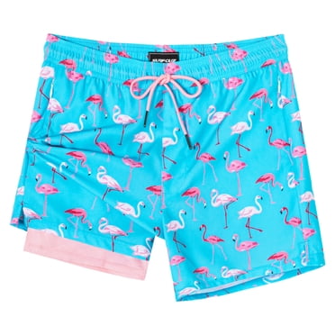 SURF CUZ Mens Swim Trunks with Compression Liner Mens Swimming Trunks 5 Inch Bathing Suit with Zipper Pockets Quick Dry Swim Shorts Blue Flamingo Large