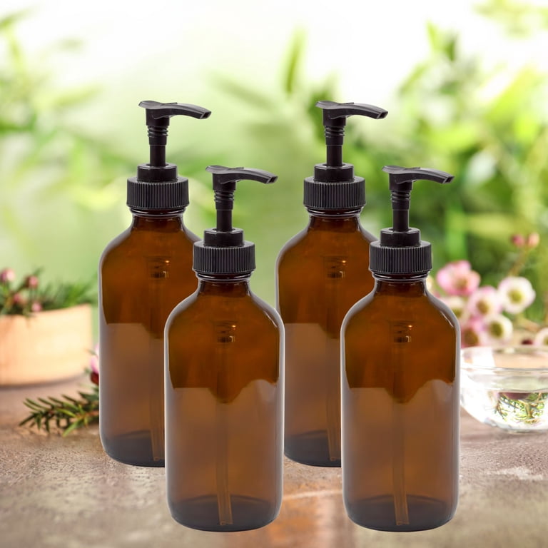 Cornucopia 8oz Amber Glass Pump Bottles (4-Pack), Refillable Hand