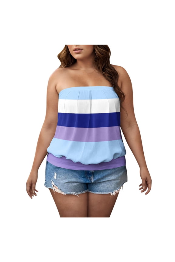 Womens Plus Size Tube Tops Summer Casual Color Block Strapless Bandeau Tank Tops Sleeveless Shirts