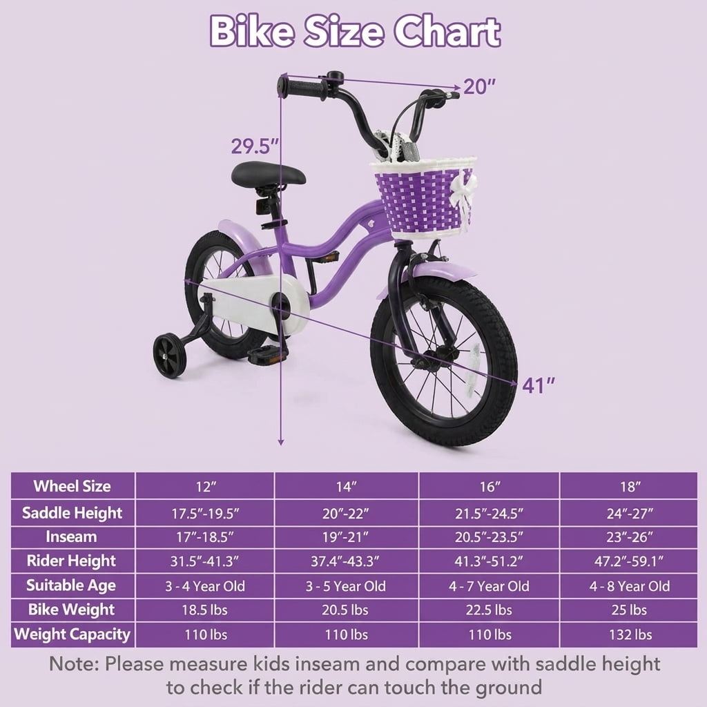 Redsmile Kids Bike 12 Inch with Training Wheels for Boys Girls Aged 3-4 Years Old, Toddler Bicycle with Adjustable Seat and Rider Height 31.5"-41.3", 110 lb Capacity, Purple