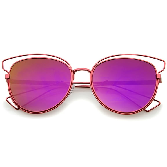sunglassLA Unisex Womens Fashion Open Metal Frame Iridescent Lens Cat Eye Sunglasses (Hot Pink / Magenta Mirror) - 55mm