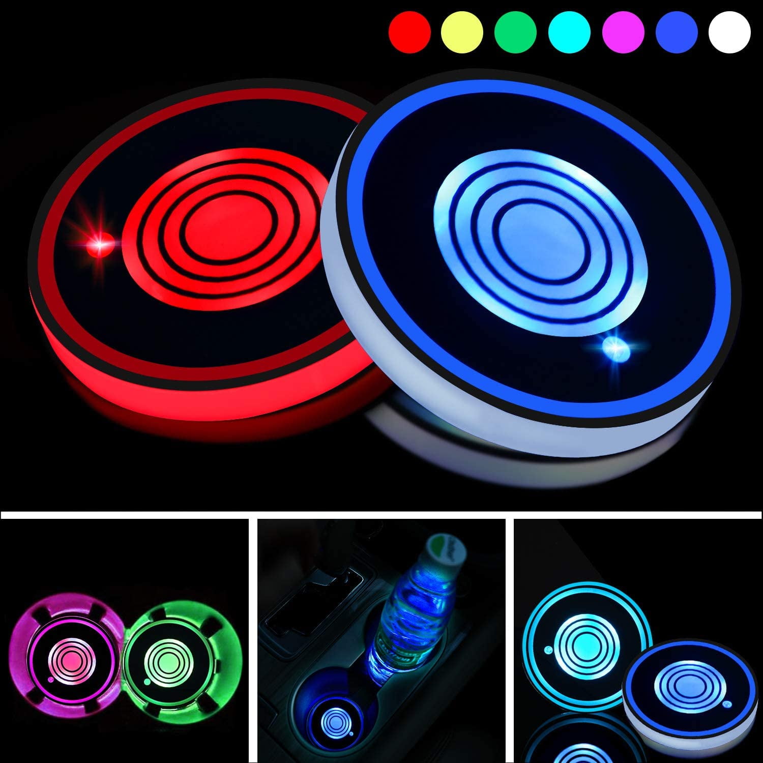 LED Car Cup Holder Lights Type 1 Luminescent Interior Atmosphere Lamp Cool Car Accessories Car Coasters with Remote Control 7 Colors Changing USB Charging Mat 