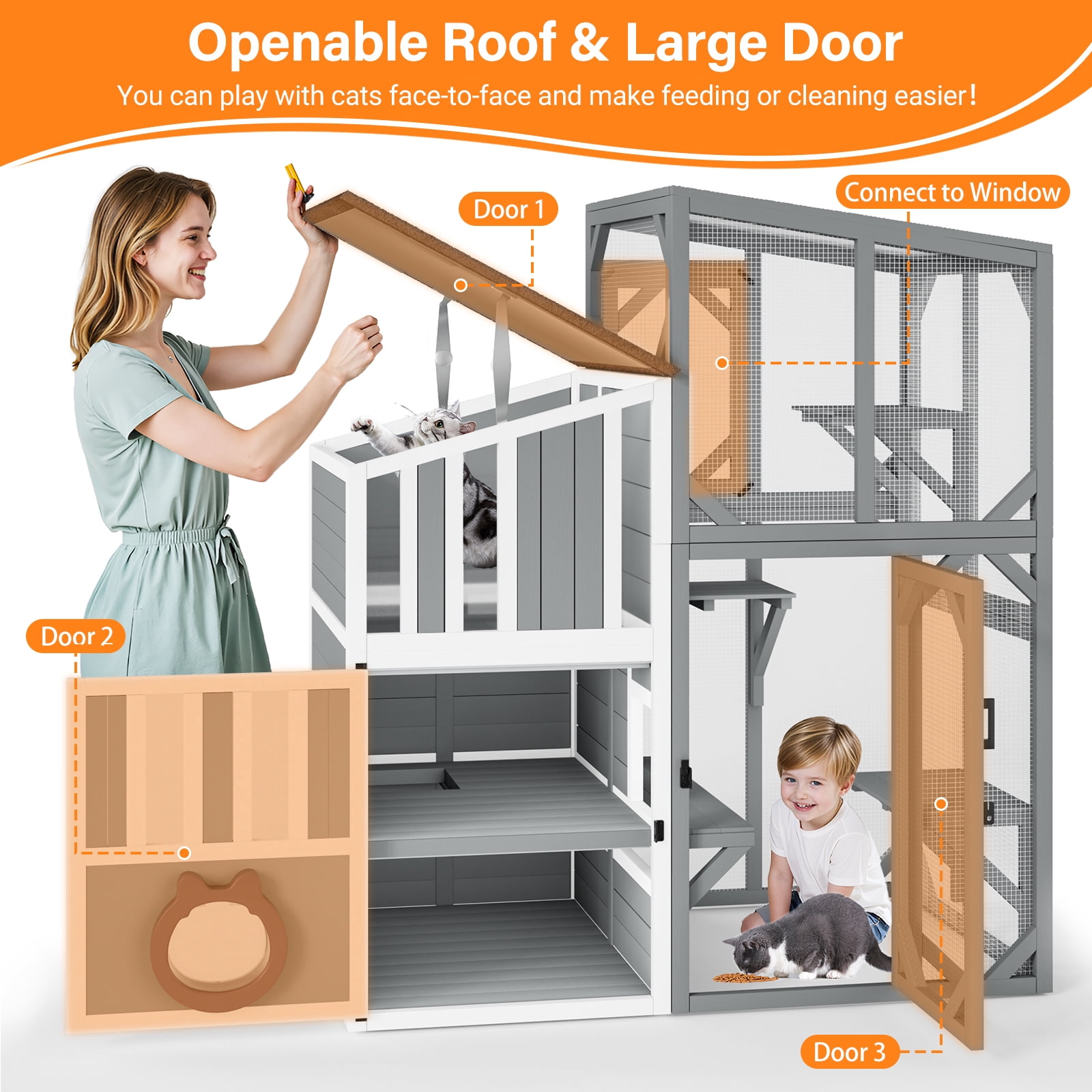 HomeSheek 3-Tier 69" Outdoor Cat Enclosure, Weatherproof Roof with Window Access & Adjustable Two-Way Hole, 3 Platforms & Resting Areas Indoor/Outdoor