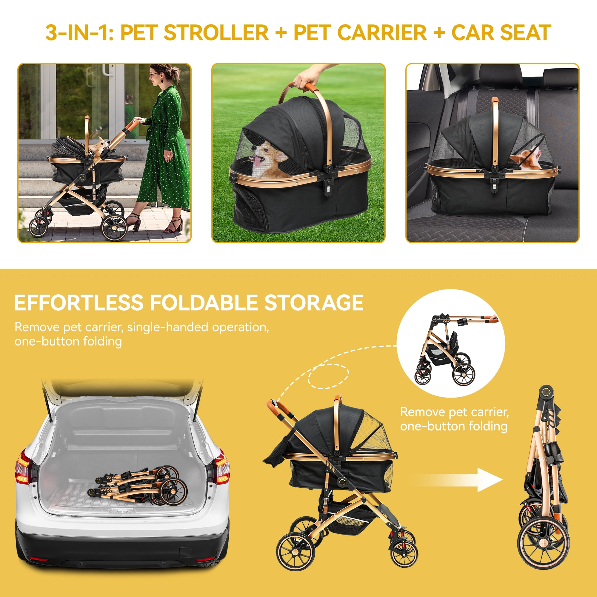 Dextrus 3-in-1 Dog Stroller with Detachable Storage Basket, Foldable Pet Stroller with 360? Rotation Wheel, for Small Medium Dogs & Cats,Black