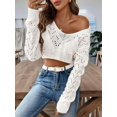 thumbnail image 5 of Women Crochet Hollow Out Cropped Tops Long Sleeve V Neck Knit Sweater Beach Cover Up White XL, 5 of 9