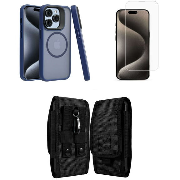 Bemz Phone Case for iPhone 15 Pro with Shockproof Protective Wireless Charging Ring Cover, Screen Protector, Vertical Rugged Release Buckle Belt Holster Clip Pouch (Dark Blue)