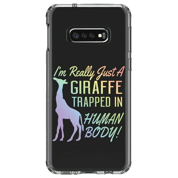 DistinctInk Clear Shockproof Hybrid Case for Samsung Galaxy S10e (5.8" Screen) - TPU Bumper Acrylic Back Tempered Glass Screen Protector - Just a Giraffe Trapped in a Human Body