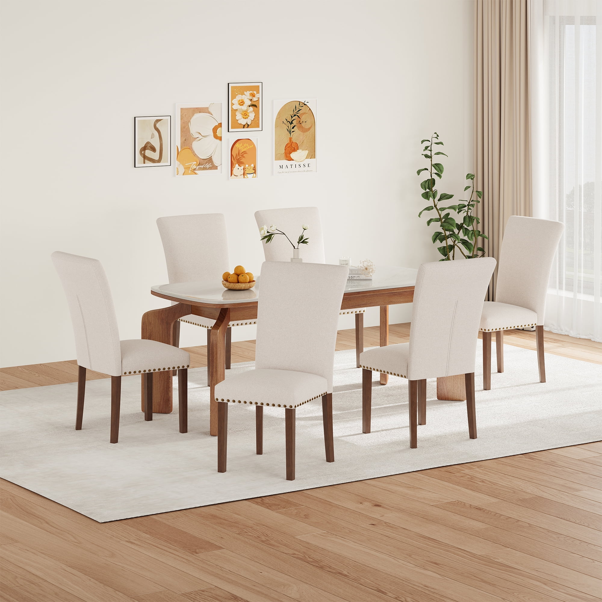Mid-Century Fabric Dining Chairs with Nailhead Detail and Wooden Legs, Upholstered Side Chairs for Kitchen and Dining Room – Beige