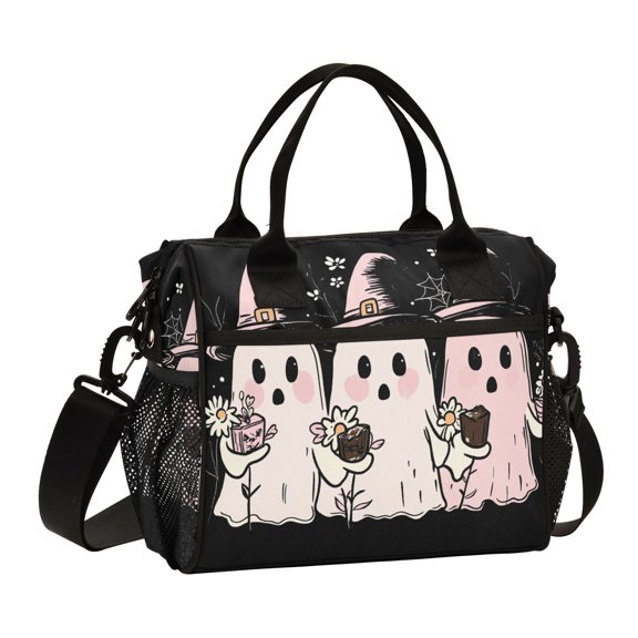 Ckdifva Halloween Ghosts Pink Cooler Bag Cooler Cooling Tote Lunch Bag Lunch Box Front Pocket with Shoulder Strap