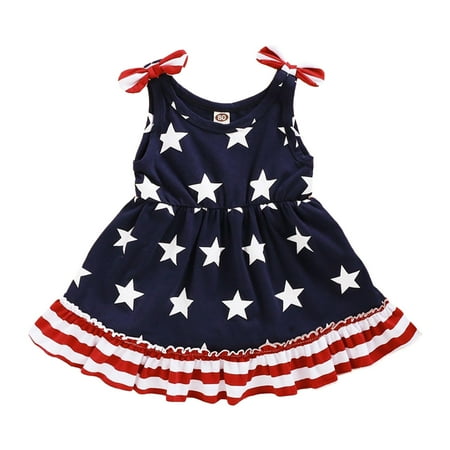 

Fesfesfes Girls Dress Striped Printed Straped Sun Dress 4th of July Children Stars Suspender Flag Day Dresses On Sale