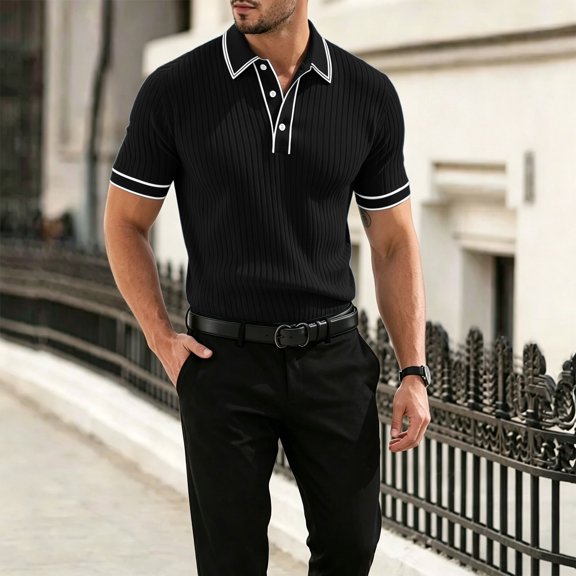 Men's Vertical Ribbed Polo Shirt Short Sleeve Contrast Piping Trim Stretch Collared Golf Top Casual Business Summer Shirt, XL