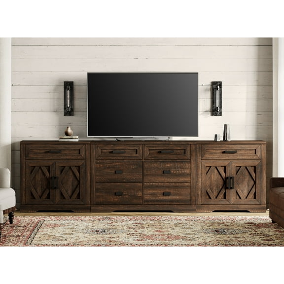 WAMPAT 110"W Large TV Stand,3-in-1 Farmhouse Entertainment Center with Storage Barn Door Cabinet,TV Console Table With Media Cabinet and Drawers for Living Room,Bedroom,Dark Brown