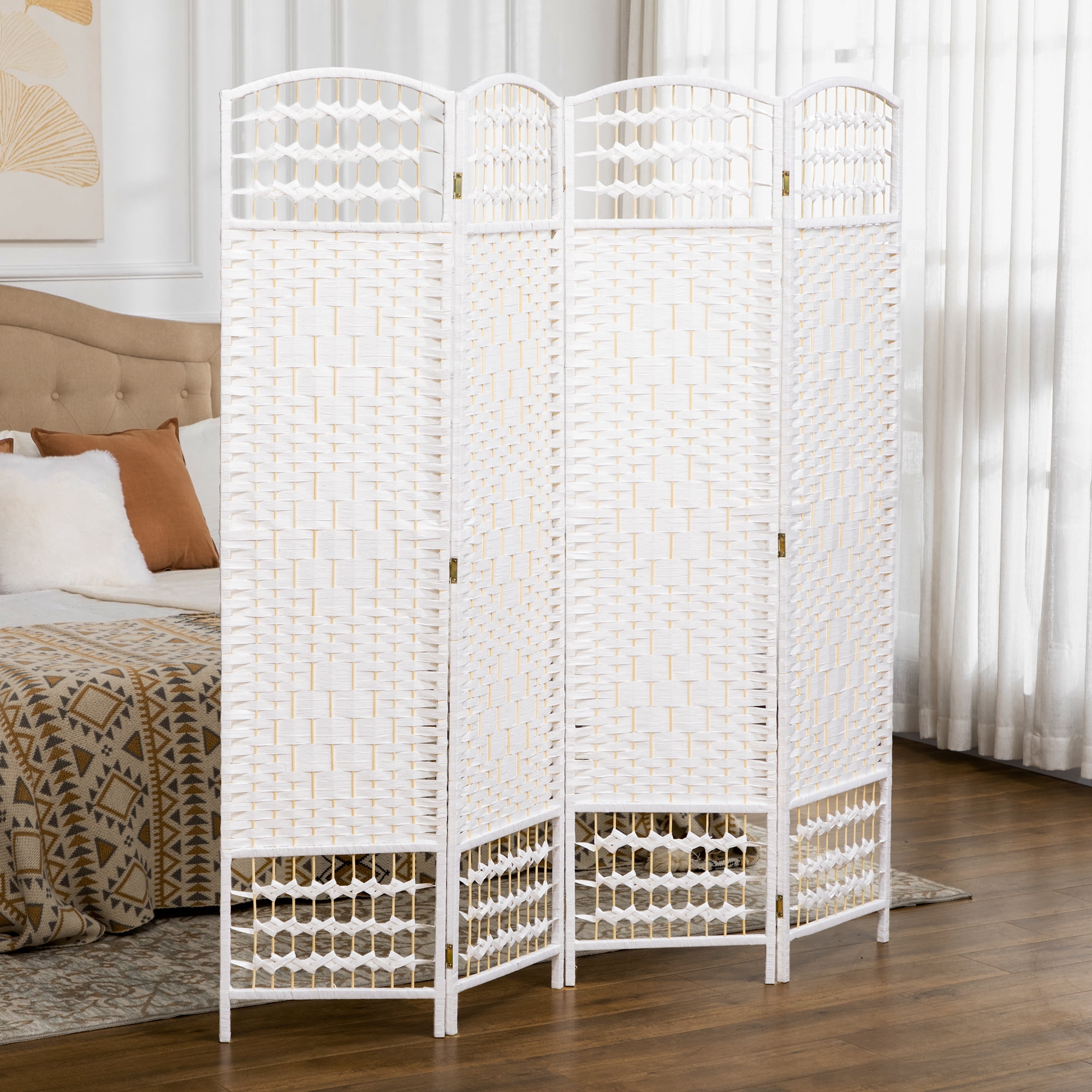 HOMCOM 4 Panel Room Divider Folding Privacy Screen, 5.6' Room Separator, Wave Fiber Freestanding Partition Wall Divider for Rooms, White