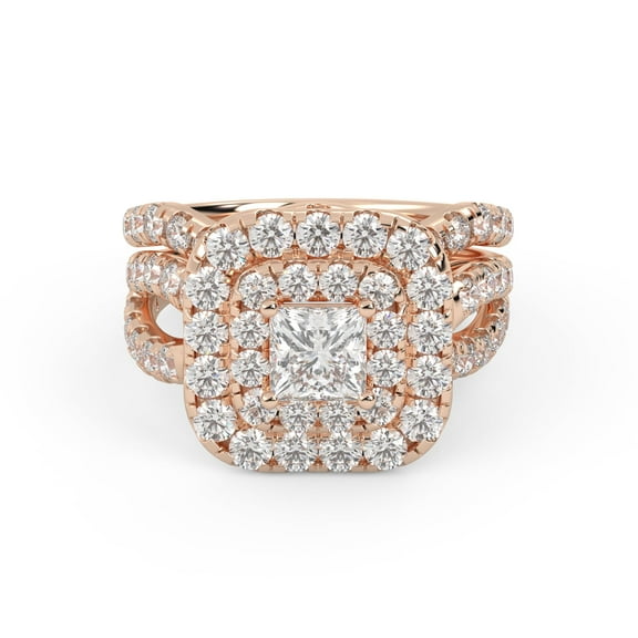 AFFY Infinity Shank Double Halo Bridal Set Ring for Women, Center 4.5mm Princess and Round Cut Lab Created Moissanite Engagement Wedding Ring in 10K Solid Rose Gold Size-10