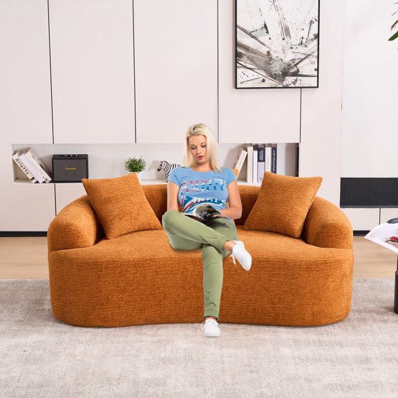 Newboti Furniture Double-Seat Orange Sofa, Wood Grain Chenille Fabric, Full Sponge Compression Sofa,Double-Seat Compression Sofa With 3 Pillows For Living/ Home/Furniture/ Apartment/Office 07355