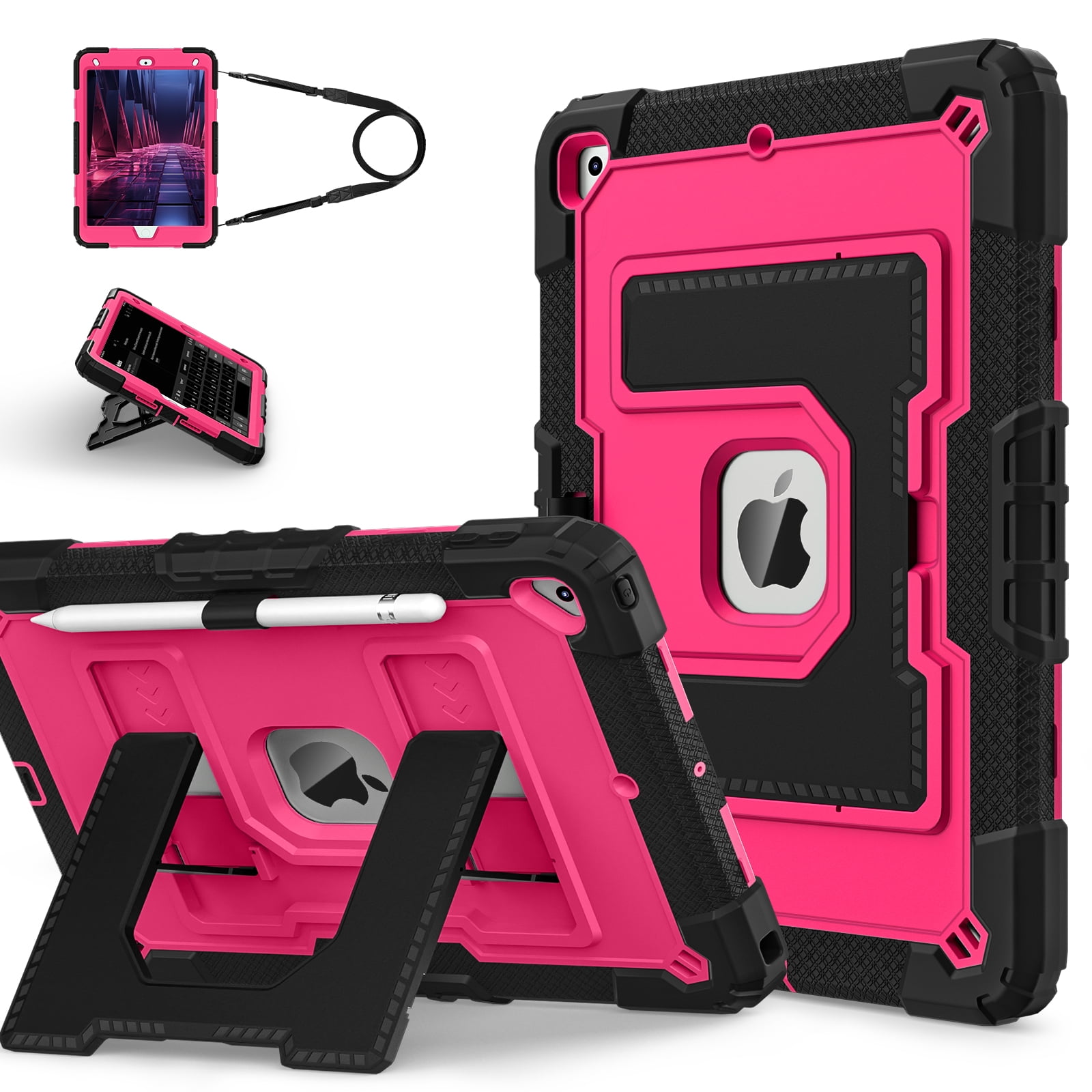 ELEHOLD 3-Layer Rugged Case For Apple iPad Mini 7th 6th Generation Heavy Duty Shockproof Cover, [Drop Protection], [Logo Visible], With Kickstand & Pencil Holder & Shoulder Strap, Black+Rose
