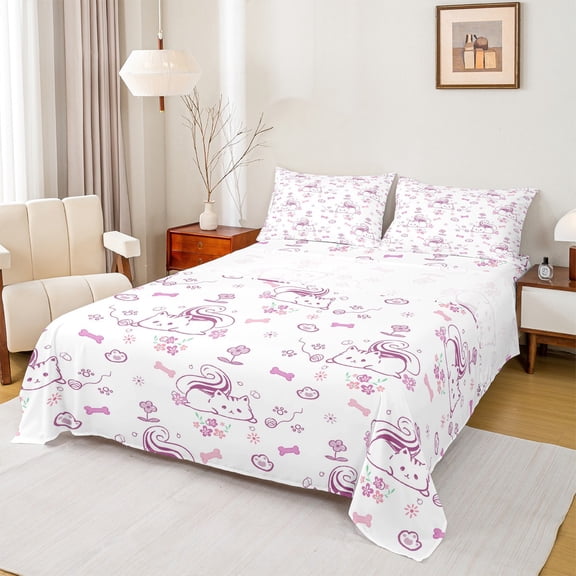 Feelyou Cartoon Cat Kitten Twin Sheet Sets, Girly Pink Flower Twin Fitted Sheet, Teens Kids Boys Girls Flat Sheet, Breathable Home Decor, 3pcs