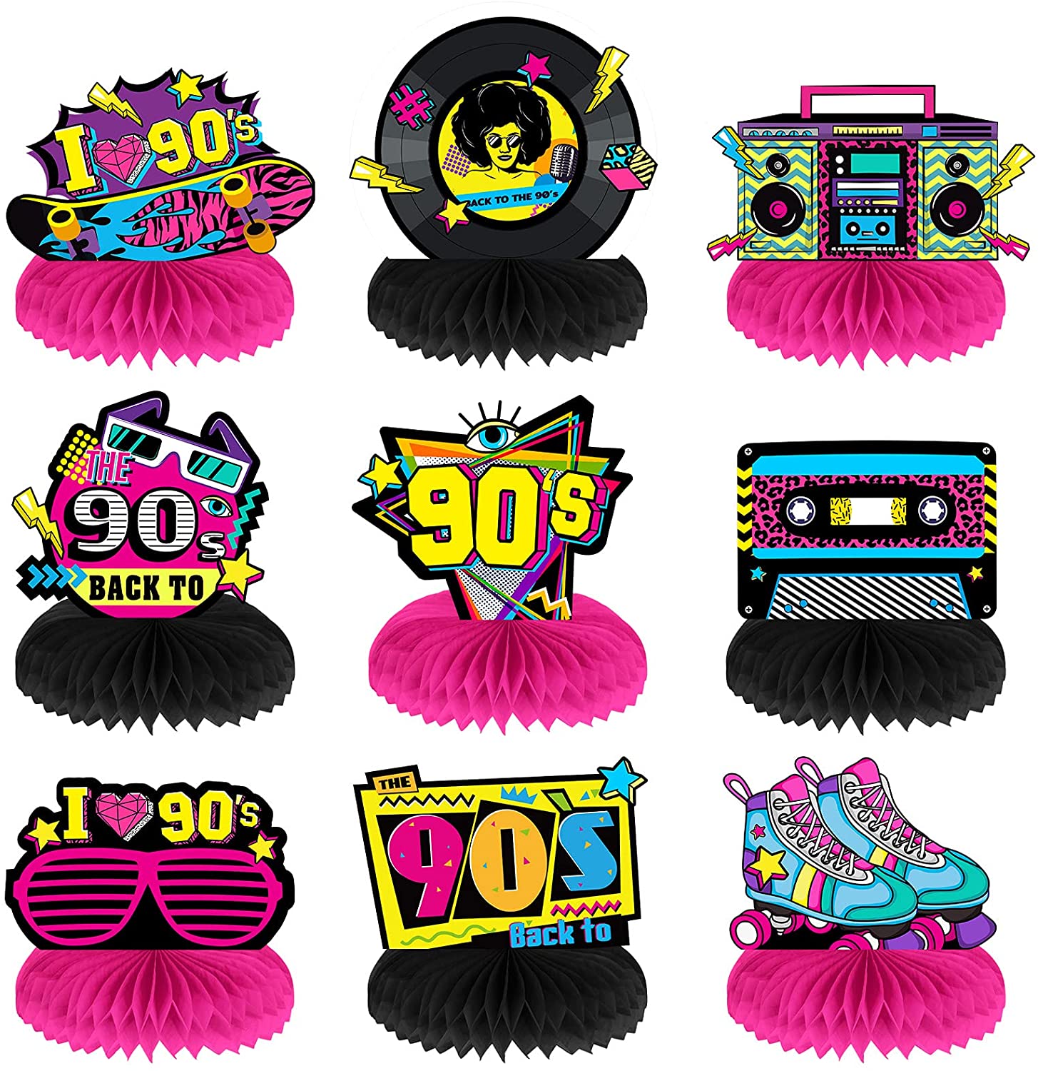 9 Pieces 90's Retro Party Supplies Kit 90's Retro Honeycomb Centerpieces Back to 90s Table Centerpieces Table Toppers Vintage Table Decorations for 90s Themed Nostalgic Party