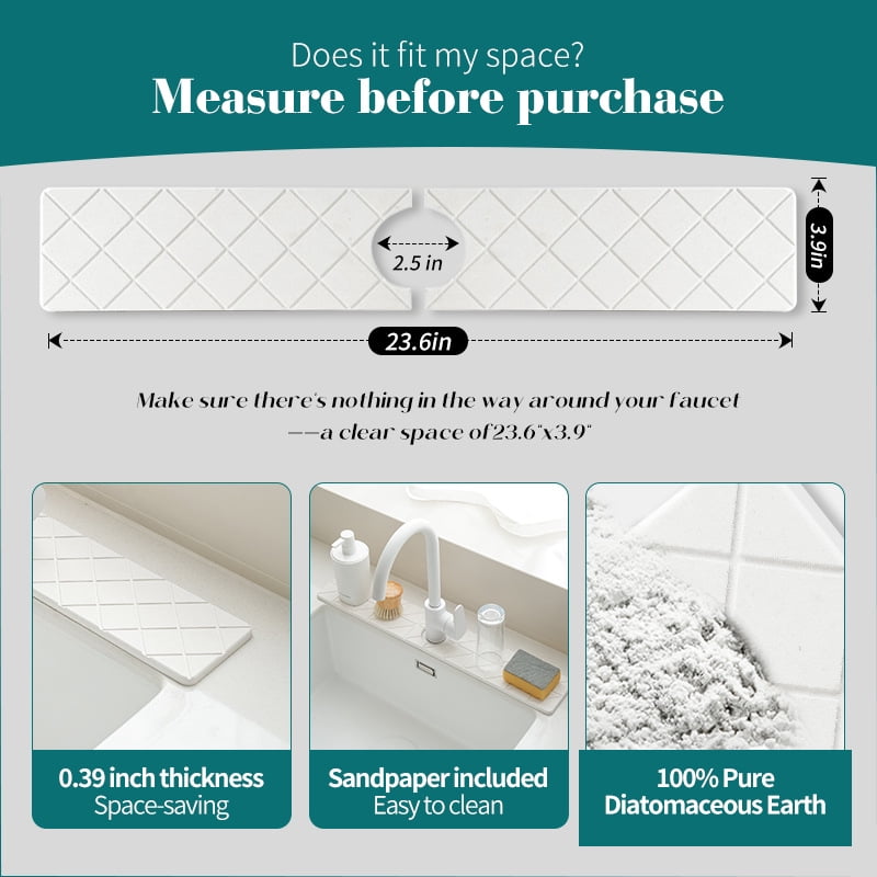 Faucet Mat for Kitchen Sink, 23.6"x 3.9" Diatomite Fast Drying Stone Sink, kitchen Sink Faucet Mat Splash Guard, Super Absorbent Faucet Mat, Faucet Mat for Kitchen Sink and Bathroom Counter (White)