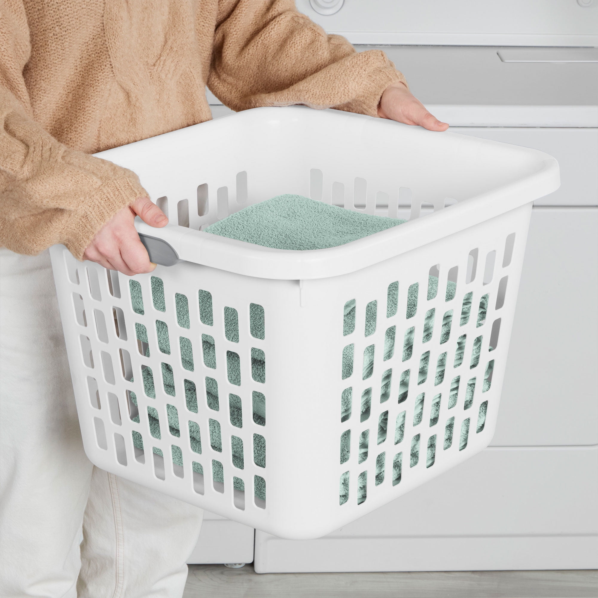 Sterilite Square Laundry Basket, 1.5 Bushel Plastic Hamper with Handles, White, 6 Pack