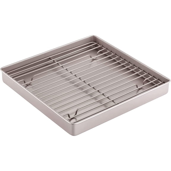 CHEFMADE Roasting Pan with Rack, 11-inch Non-Stick Square Shallow Baking Sheet with Wire Rack, Dishwasher Safe for Oven, BBQ & Roasting 11.2" x 11.2" x 1.4" (Champagne Gold)