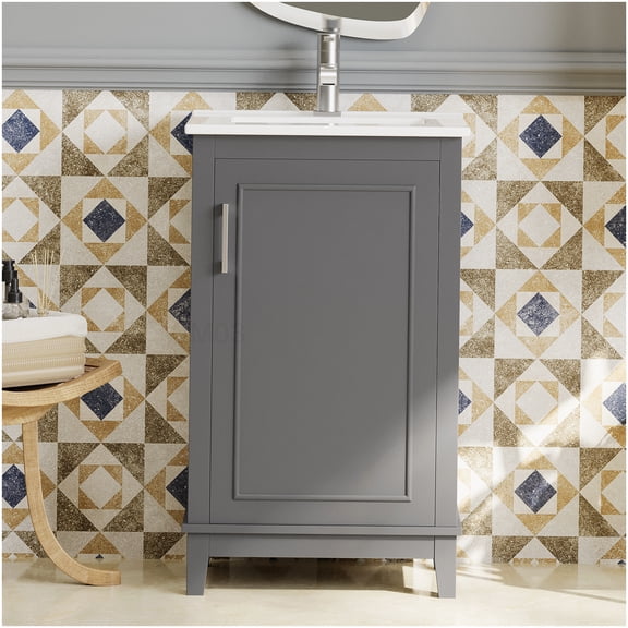 Small Bathroom Vanity 20 Inch with Basin, Gray Cabinet Soft-Close Door and Ceramic Sink