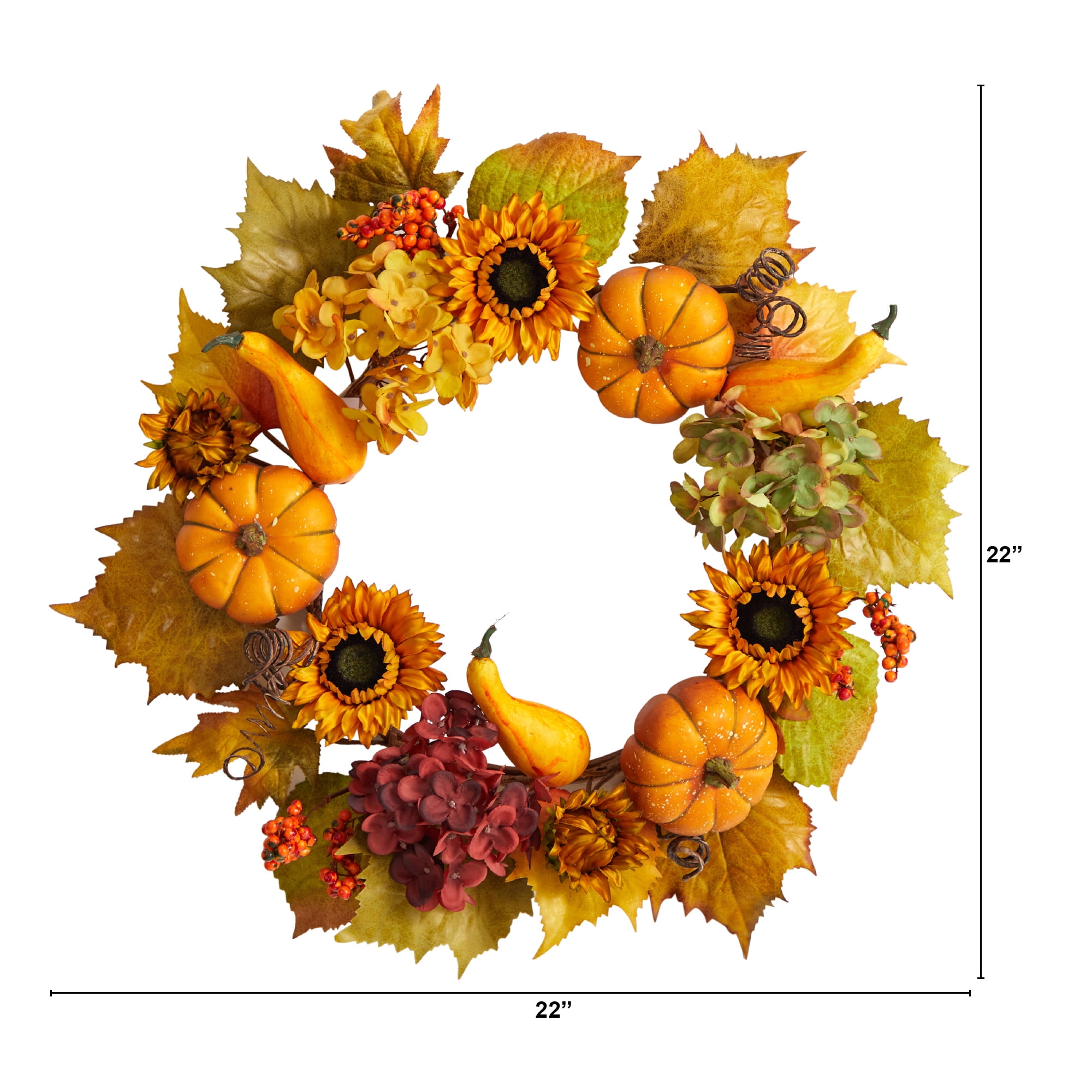 Nearly Natural Plastic Hydrangea Artificial Fall Wreath, with Pumpkins and Sunflower, 22" (Multicolor)