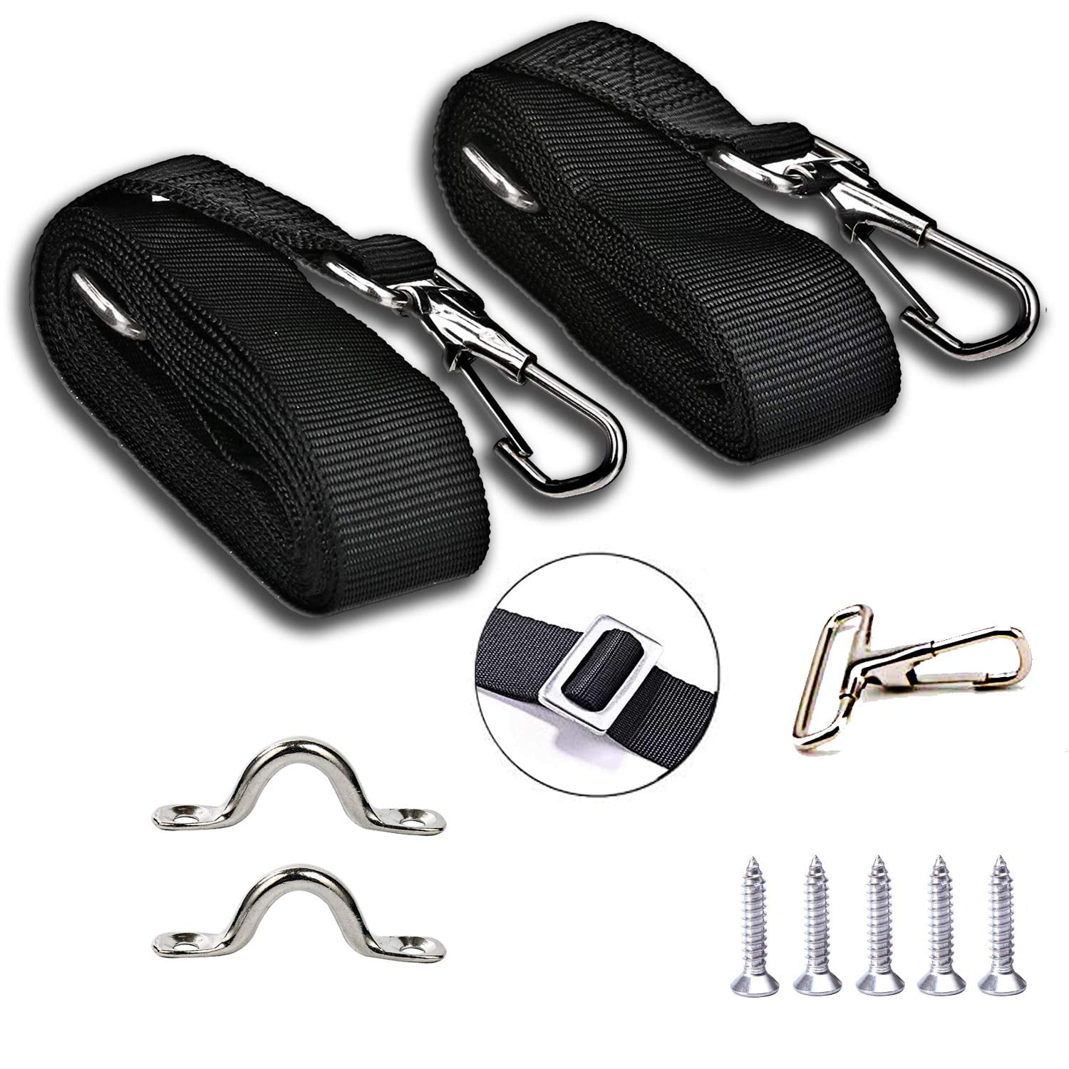 2 Pcs Adjustable Bimini Top Straps Black, Marine Tension Tie Down Webbing Straps with Loop Snap Hooks + Pad Eye Straps,28"~60" Stainless Steel Boat Awning Hardware