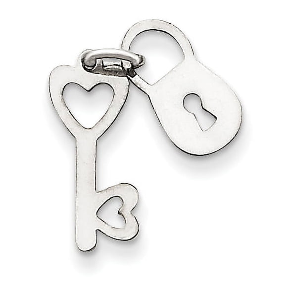 14k White Gold Polished Moveable Lock and Heart Key Charm Pendant
