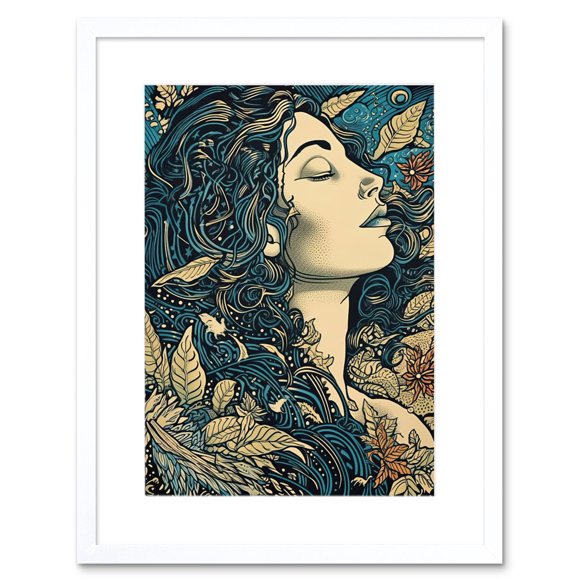 Mother Nature Modern Boho Art Nouveau Linocut Artwork Framed Wall Art Print 9X7 Inch