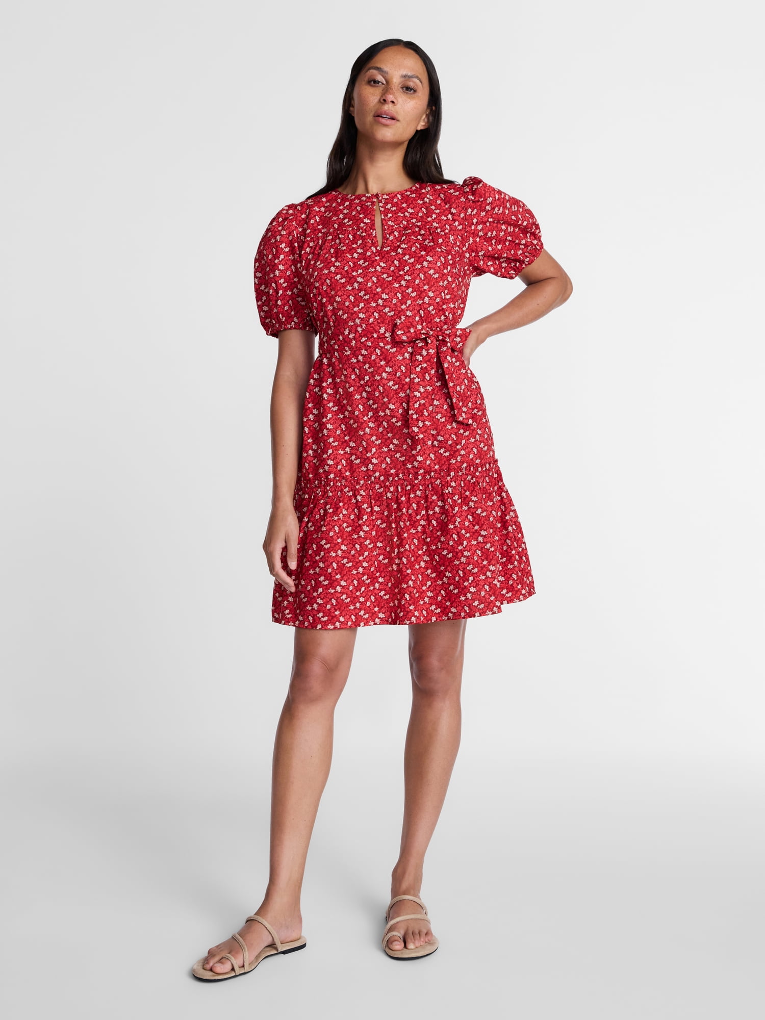 Time and Tru Women's and Women's Plus Cotton Mini Dress with Puff Sleeves, Sizes XS-4X