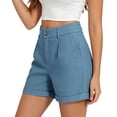 thumbnail image 6 of Women's High Waist Single Button Pleated Cuffed Hem Dressy Casual Suit Shorts with Pockets,Blue,Women's Plus Size L, 6 of 8