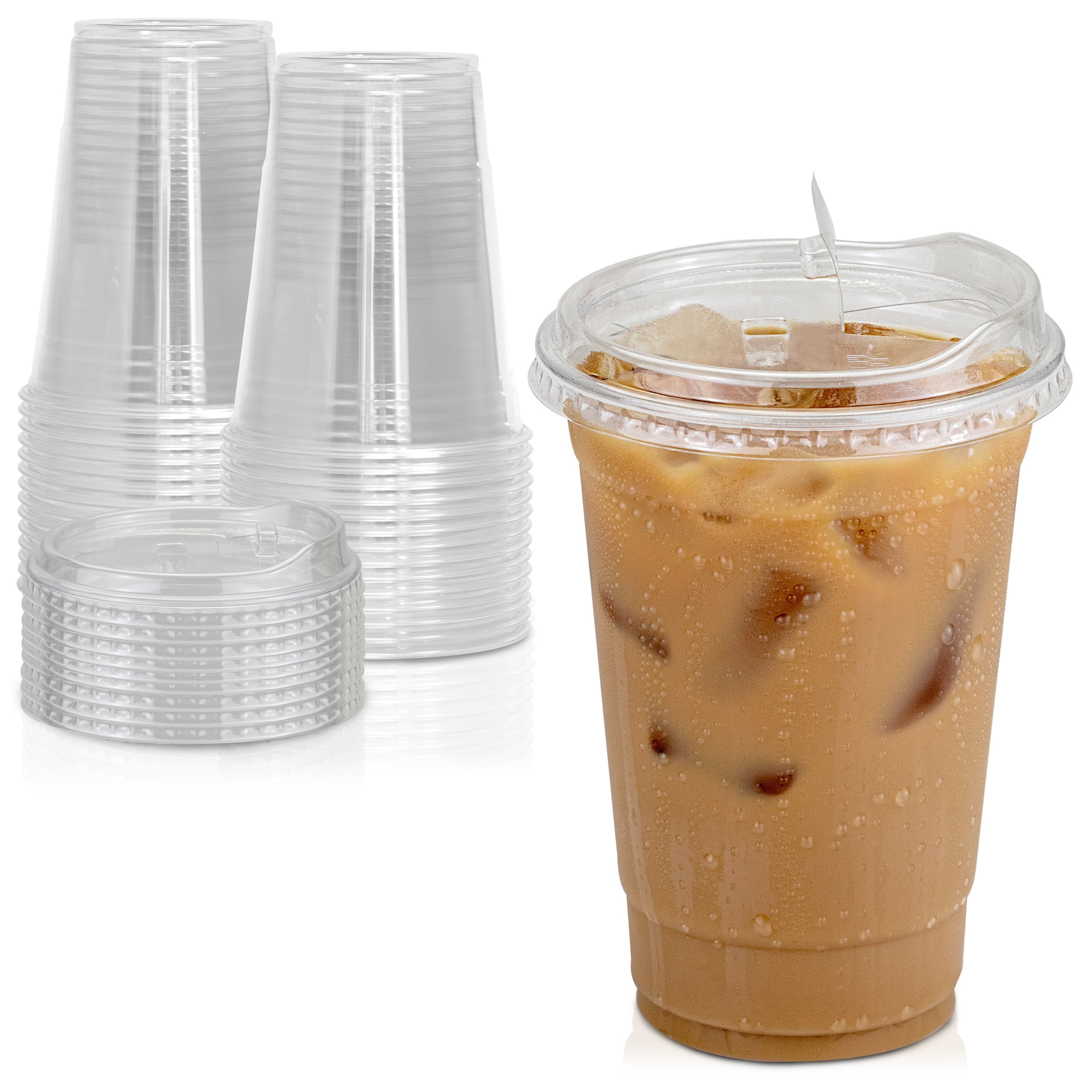 [100 Pack] Disposable Strawless Plastic Cups with Lids 20 Oz Clear