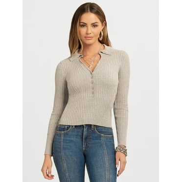 Jessica Simpson Women's and Women's Plus Luanne Polo Sweater with Long Sleeves, Lightweight, Sizes XS-4X