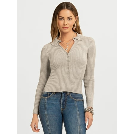 Jessica Simpson Women's and Women's Plus Luanne Polo Sweater with Long Sleeves, Lightweight, Sizes XS-4X