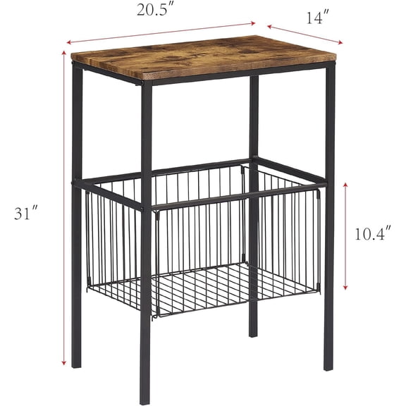 Tall Night Stand with Metal Basket, End Table with Shelf Storage Organizer for Bedroom Living Room