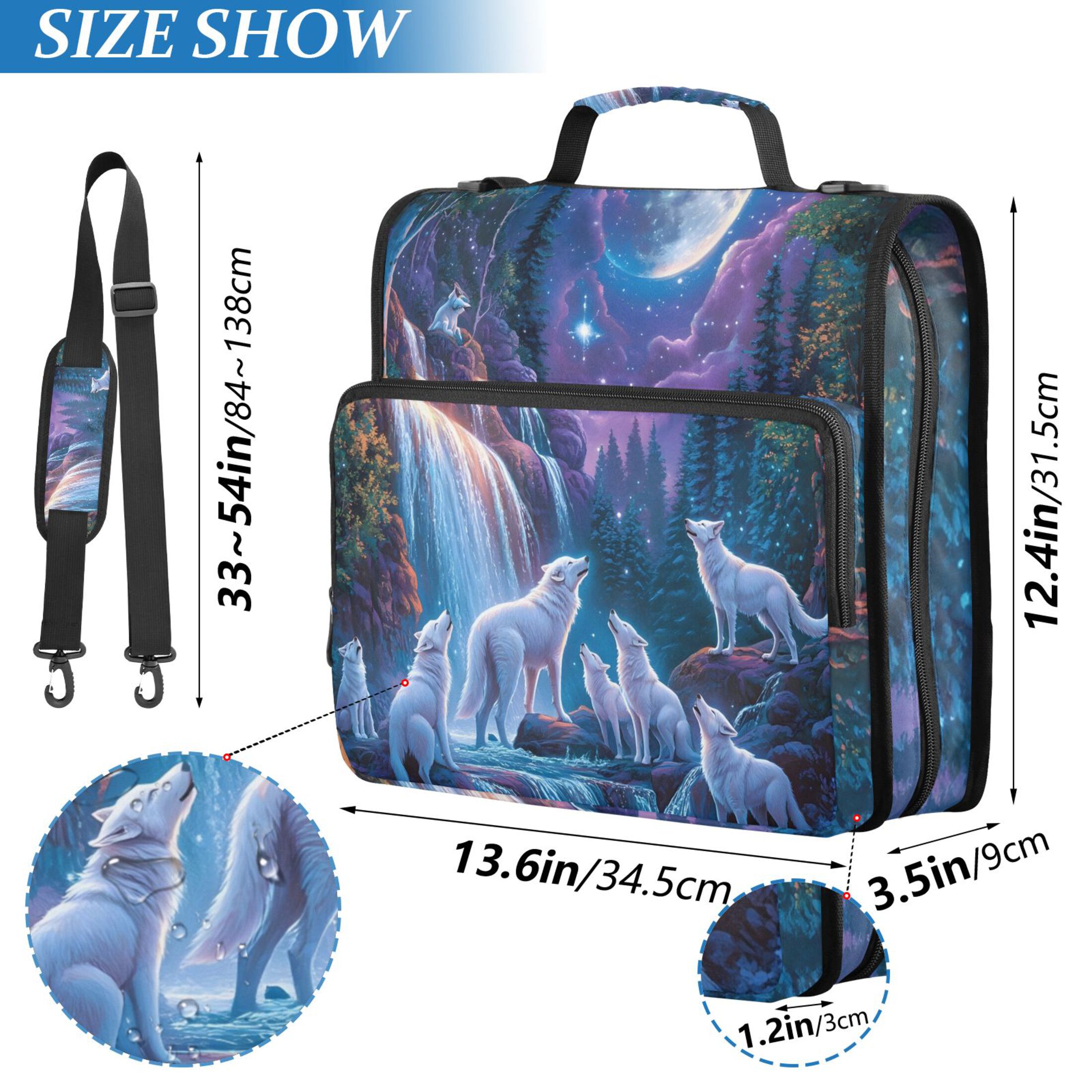 3 Ring Zipper Binder with Shoulder Strap Waterproof Trapper Keeper 2 Inch D-Ring 500 Sheets Capacity White Wolf and Waterfall Moon