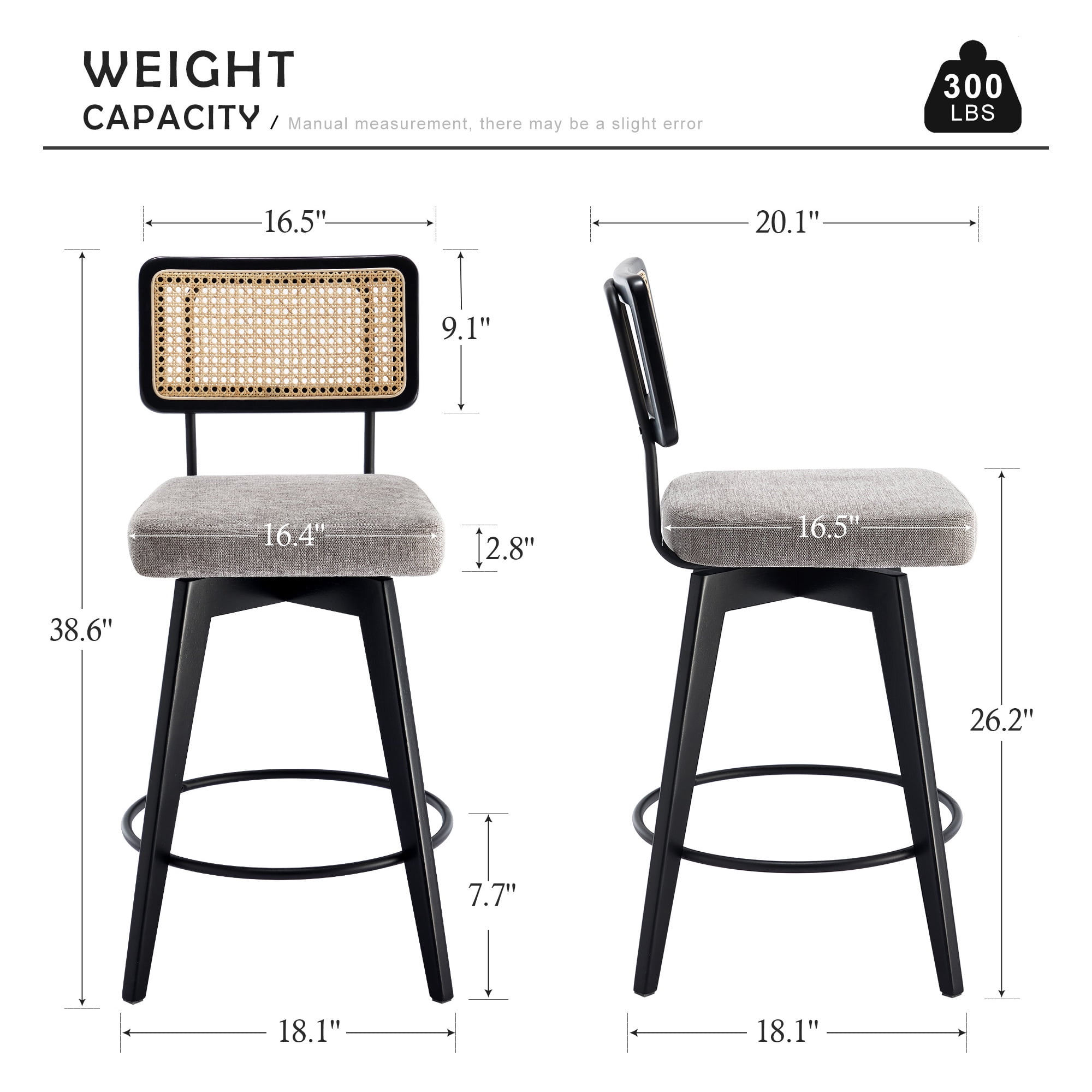 Zesthouse 26.2" Swivel Counter Height Bar Stools Set of 2, Upholstered Linen Counter Stools with Rattan Back, Mid Century Barstools with Solid Wood Frame for Kitchen Island, Gray