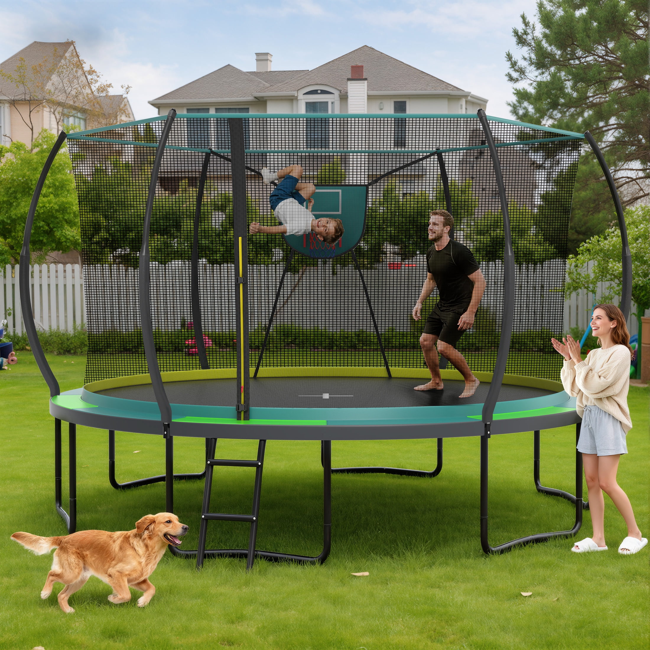 12FT Trampoline Outdoor with No-gap Design, SHINPT Trampoline for Kids Indoor, Outdoor Play Equipment with Basketball Hoop, Toddler Trampoline with Enclosure Net, Recreational Trampoline for Gift