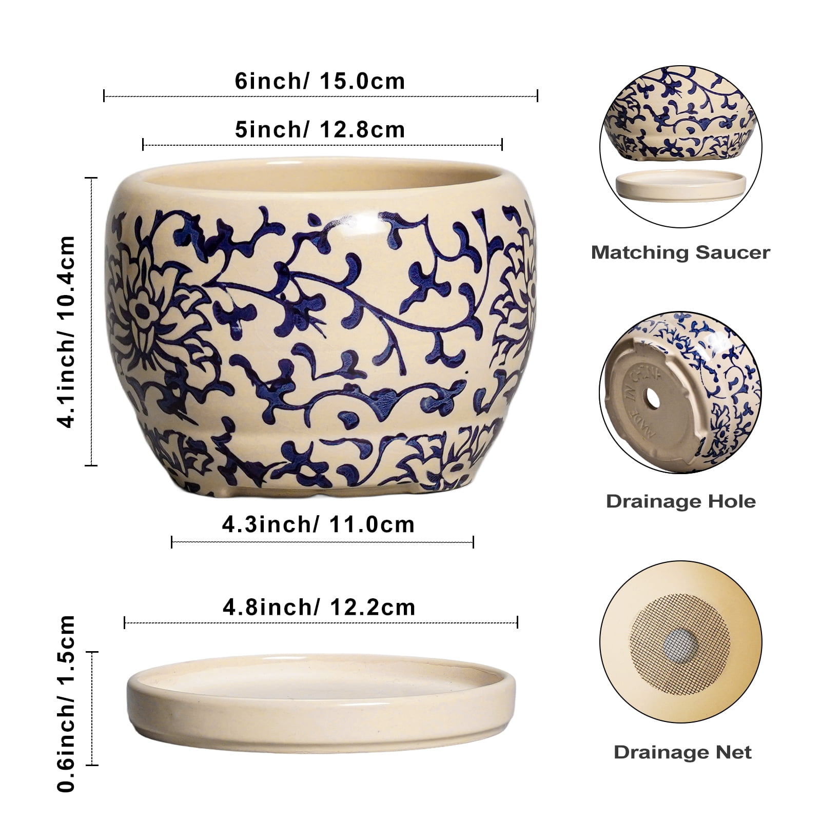 6 inch Pots for Plants, Round Ceramic Planter with Drainage, Modern Pot for Indoor & Outdoor Use, for Cheerful Patio Decor, Blue and Beige