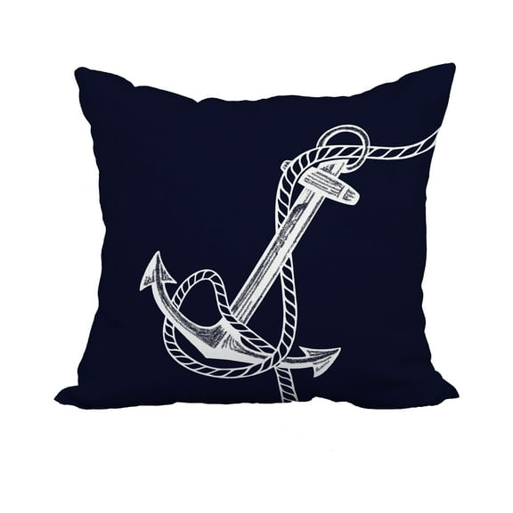 18 x 18 Inch Navy Blue Nautical Print Decorative Polyester Throw Pillow with a Linen Texture