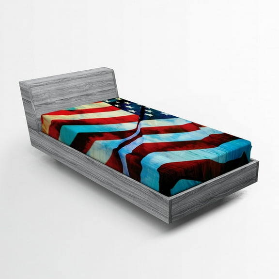 Ambesonne American Flag Fitted Sheet, Wind Flagpole, Twin Size, Blue Red